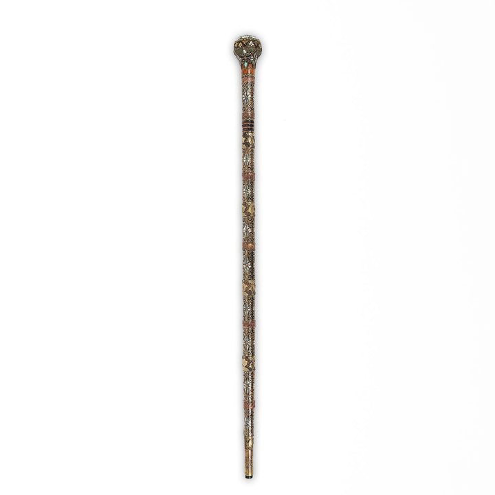 Handcrafted Wooden Walking Cane with Mother-of-Pearl, Abalone &amp; Copper Wire Inlay - WAAH499