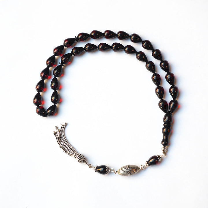 Silver Tassel Graded Pressed Fire Amber Tasbeeh – WATD168