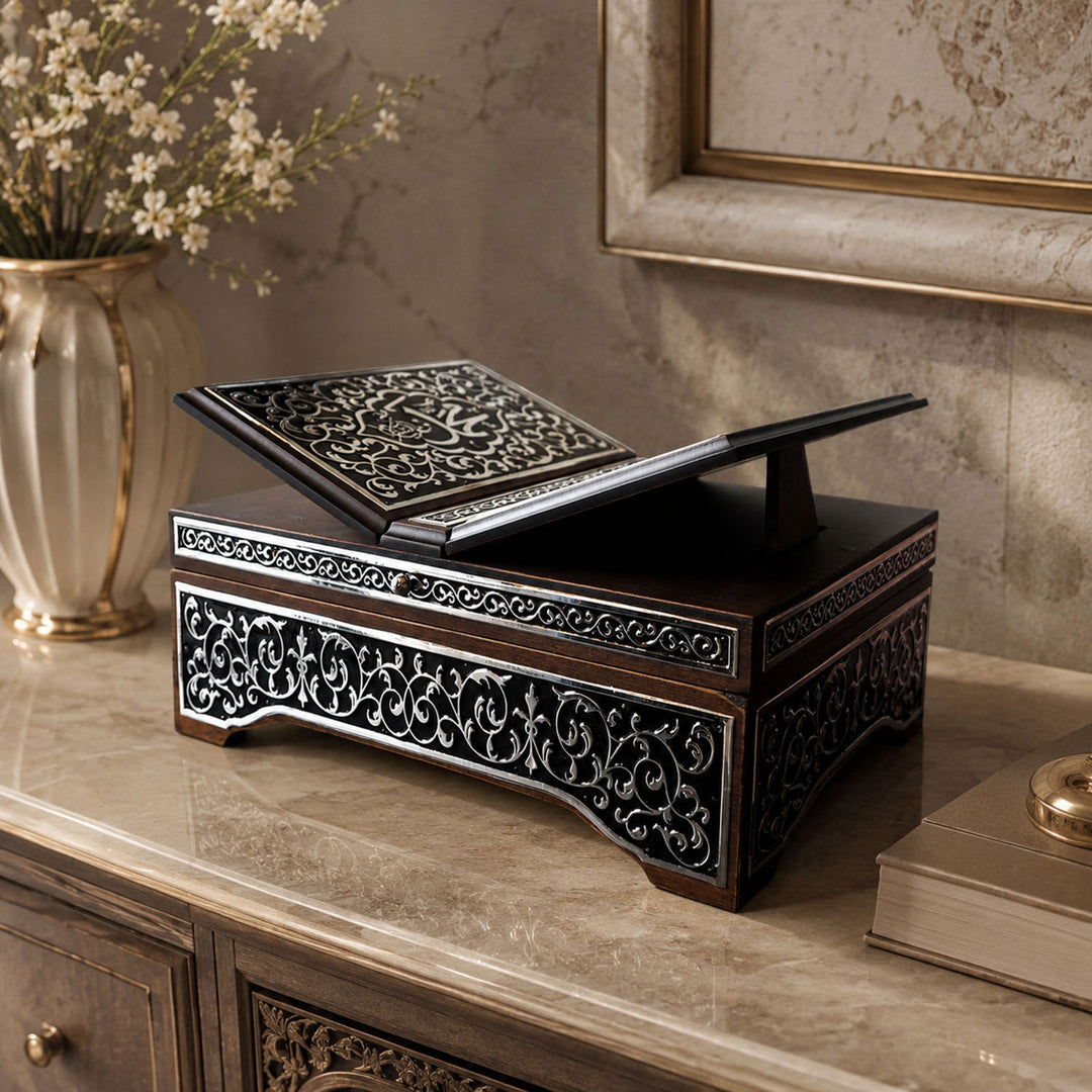 Premium Wooden Quran Stand and Quran with Silver Engravings - WAP021