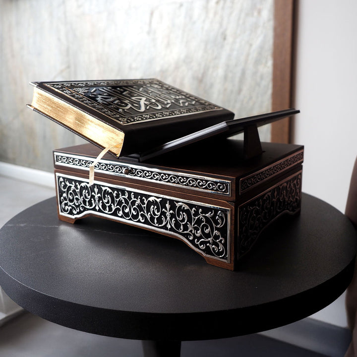 Premium Wooden Quran Stand and Quran with Silver Engravings - WAP021
