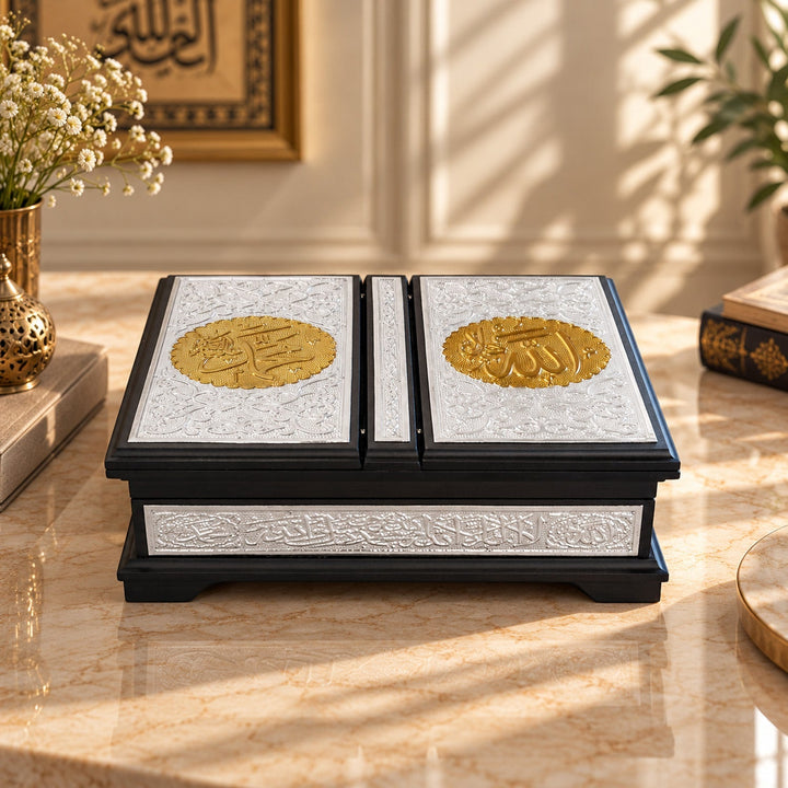 Ornate Gold-Accented Silver Inlaid Wooden Quran Box and Quran - WAP023