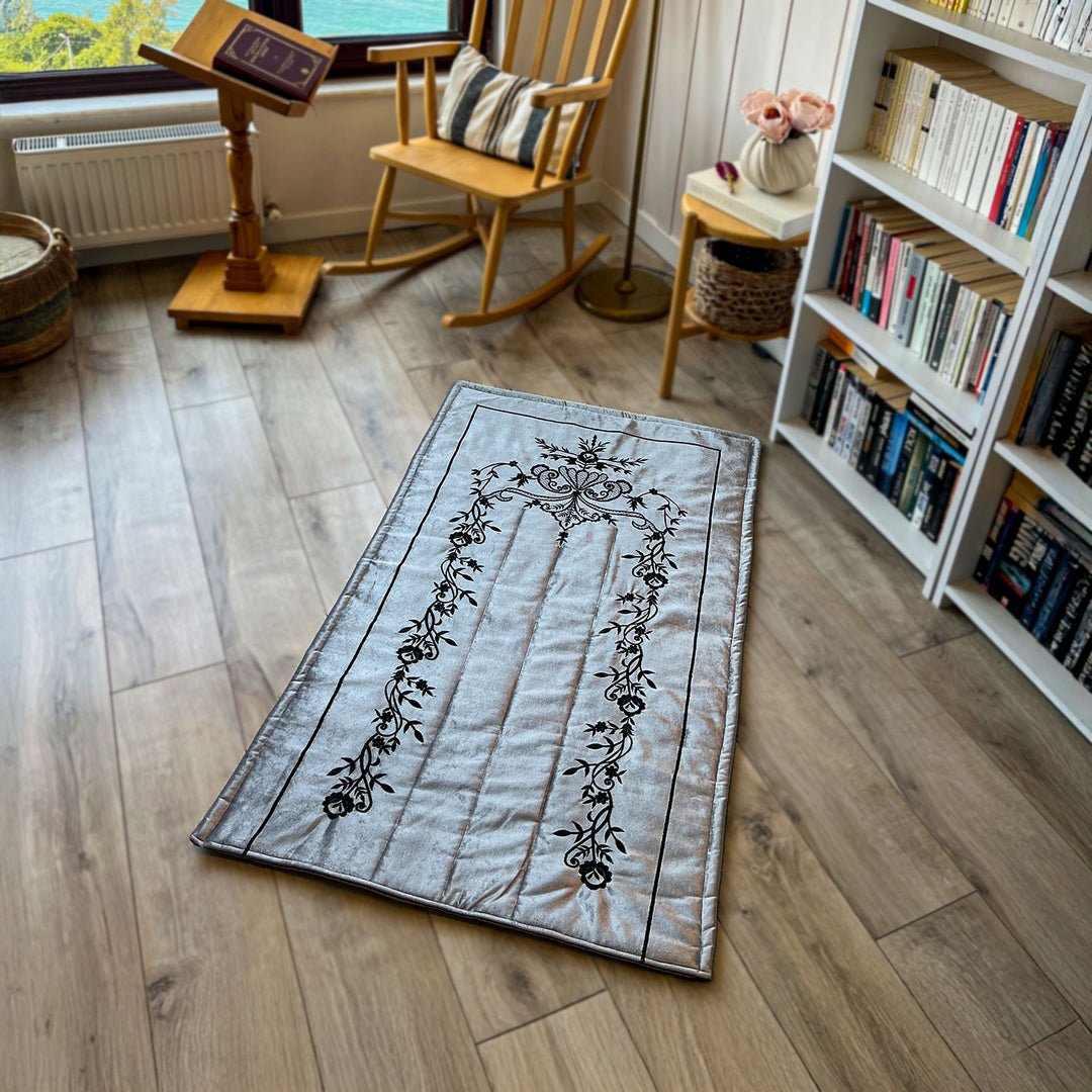 Islamic Inspired Rug Gray Velvet Islamic Prayer Rug with Black Embroidery – WAS016 – Wall ...