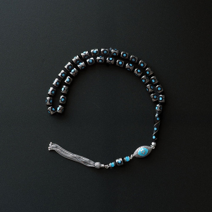 Genuine Oltu Stone & Turquoise Tasbeeh with 1000-Pure Silver Detailing - WATD027