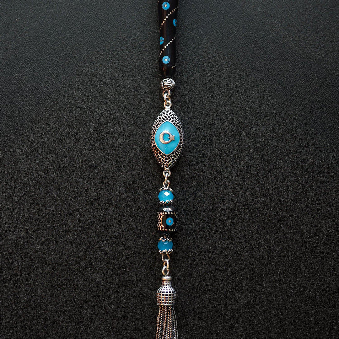 Genuine Oltu Stone & Turquoise Tasbeeh with 1000-Pure Silver Detailing - WATD027