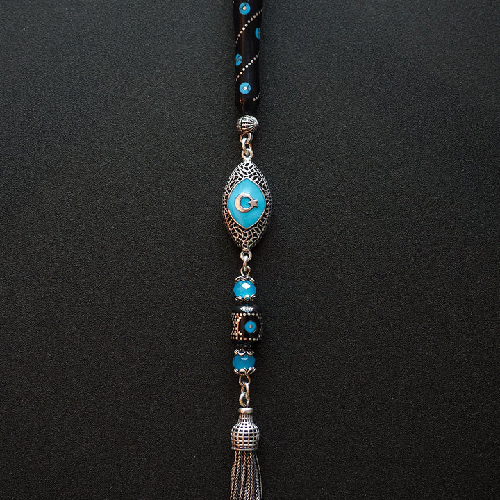Genuine Oltu Stone & Turquoise Tasbeeh with 1000-Pure Silver Detailing - WATD027
