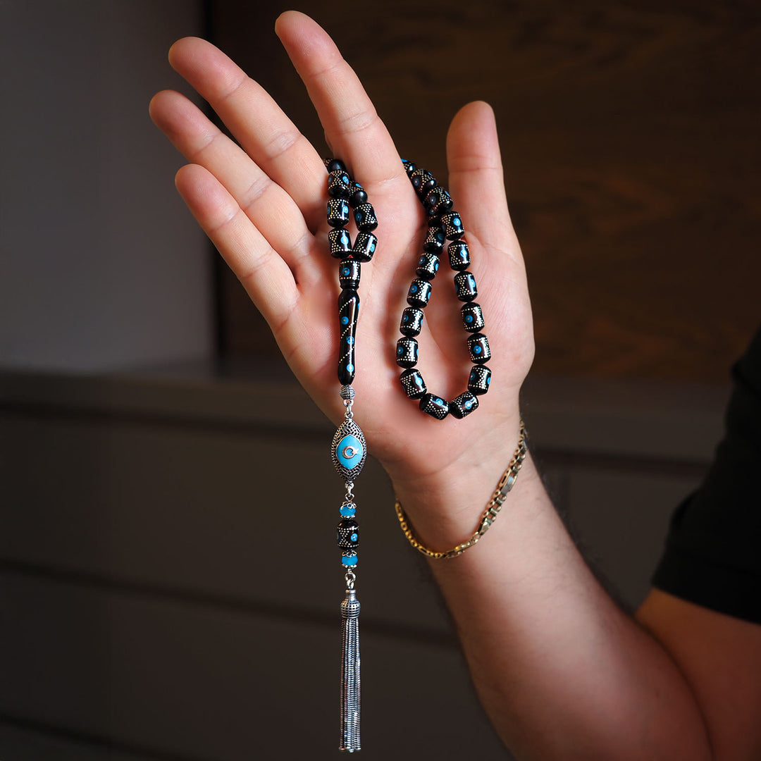 Genuine Oltu Stone & Turquoise Tasbeeh with 1000-Pure Silver Detailing - WATD027