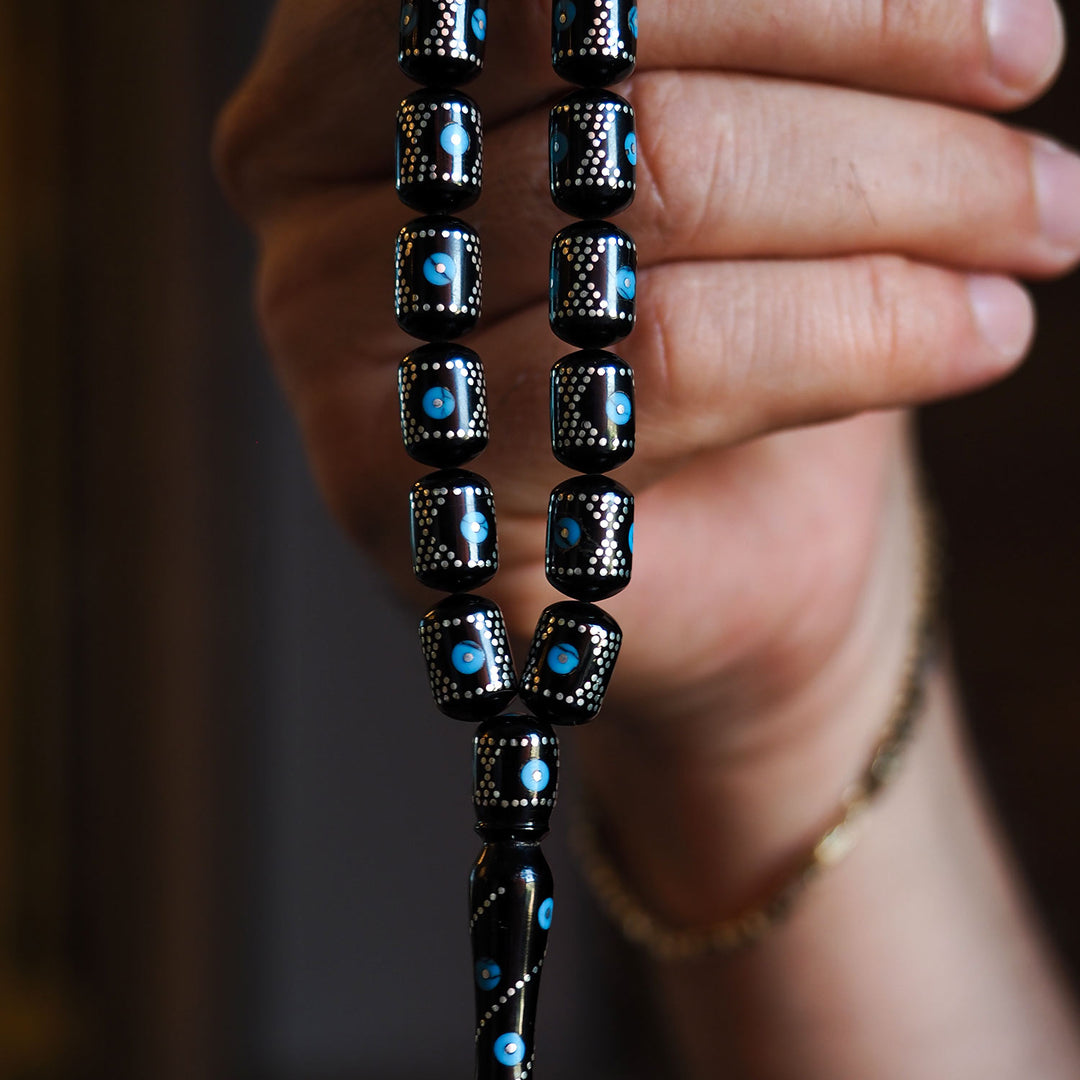 Genuine Oltu Stone & Turquoise Tasbeeh with 1000-Pure Silver Detailing - WATD027