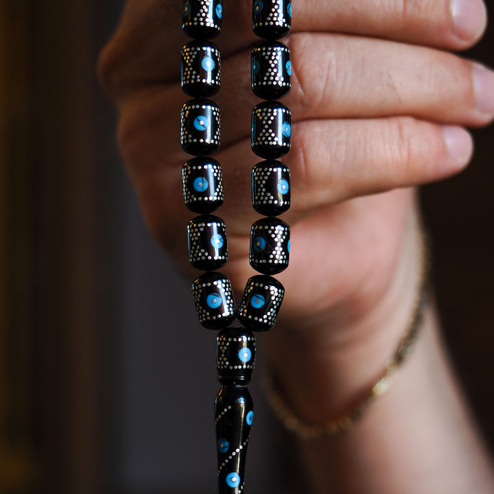 Genuine Oltu Stone & Turquoise Tasbeeh with 1000-Pure Silver Detailing - WATD027