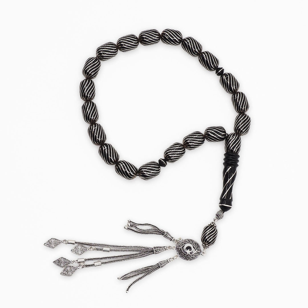 Mastercrafted Genuine Oltu Stone Tasbeeh with Silver Inlay, Silver Imam Bead &amp; Tassel - WATD1074