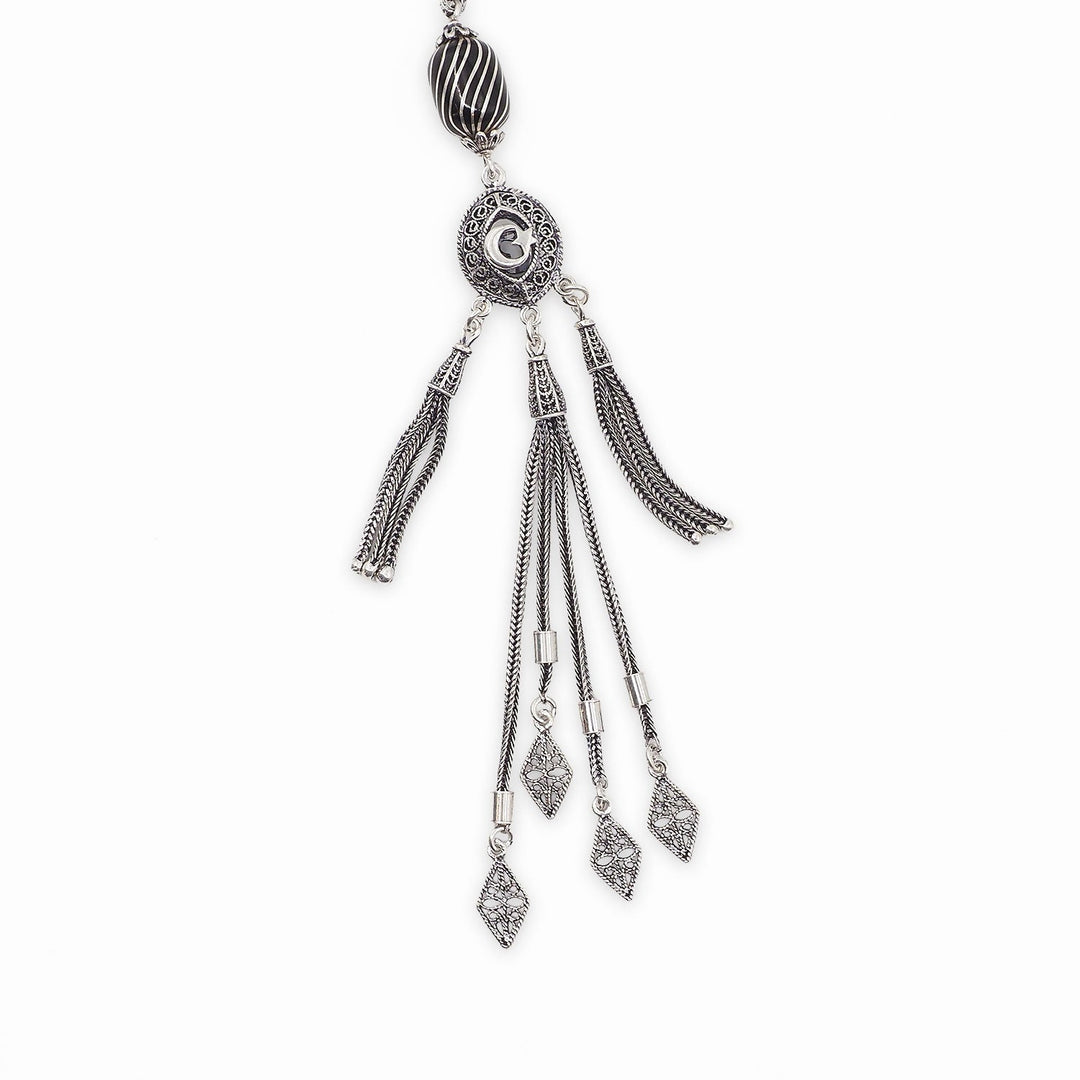Mastercrafted Genuine Oltu Stone Tasbeeh with Silver Inlay, Silver Imam Bead &amp; Tassel - WATD1074