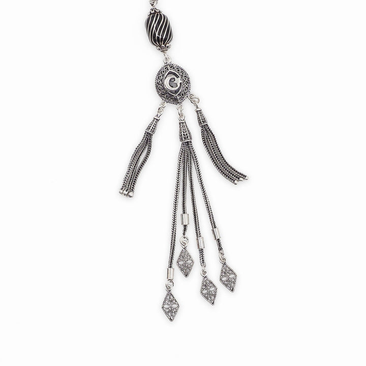Mastercrafted Genuine Oltu Stone Tasbeeh with Silver Inlay, Silver Imam Bead &amp; Tassel - WATD1074