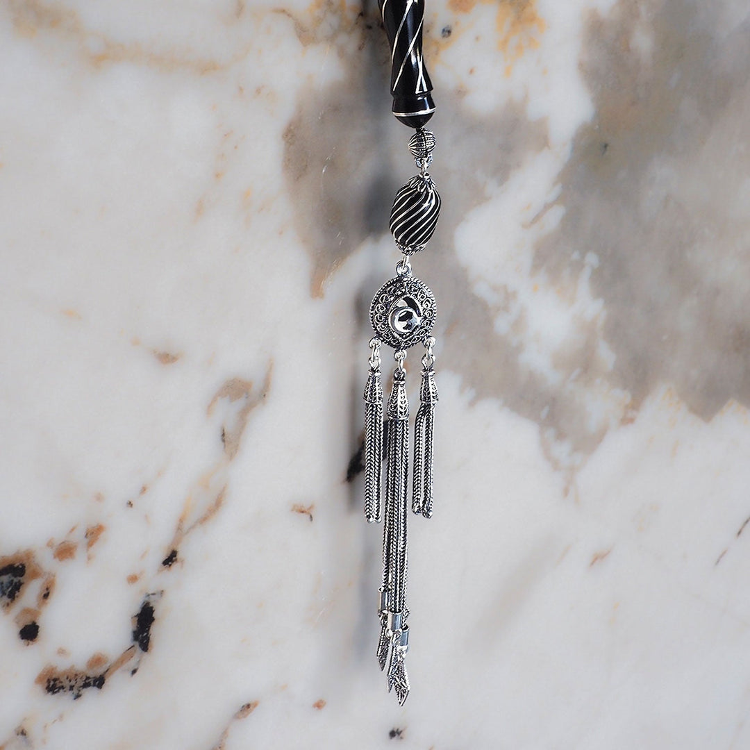 Mastercrafted Genuine Oltu Stone Tasbeeh with Silver Inlay, Silver Imam Bead &amp; Tassel - WATD1074