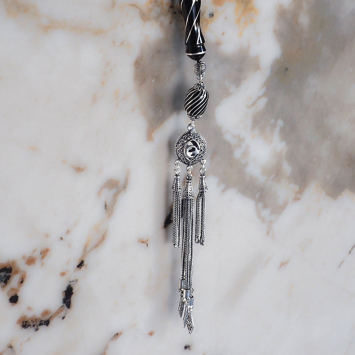 Mastercrafted Genuine Oltu Stone Tasbeeh with Silver Inlay, Silver Imam Bead &amp; Tassel - WATD1074