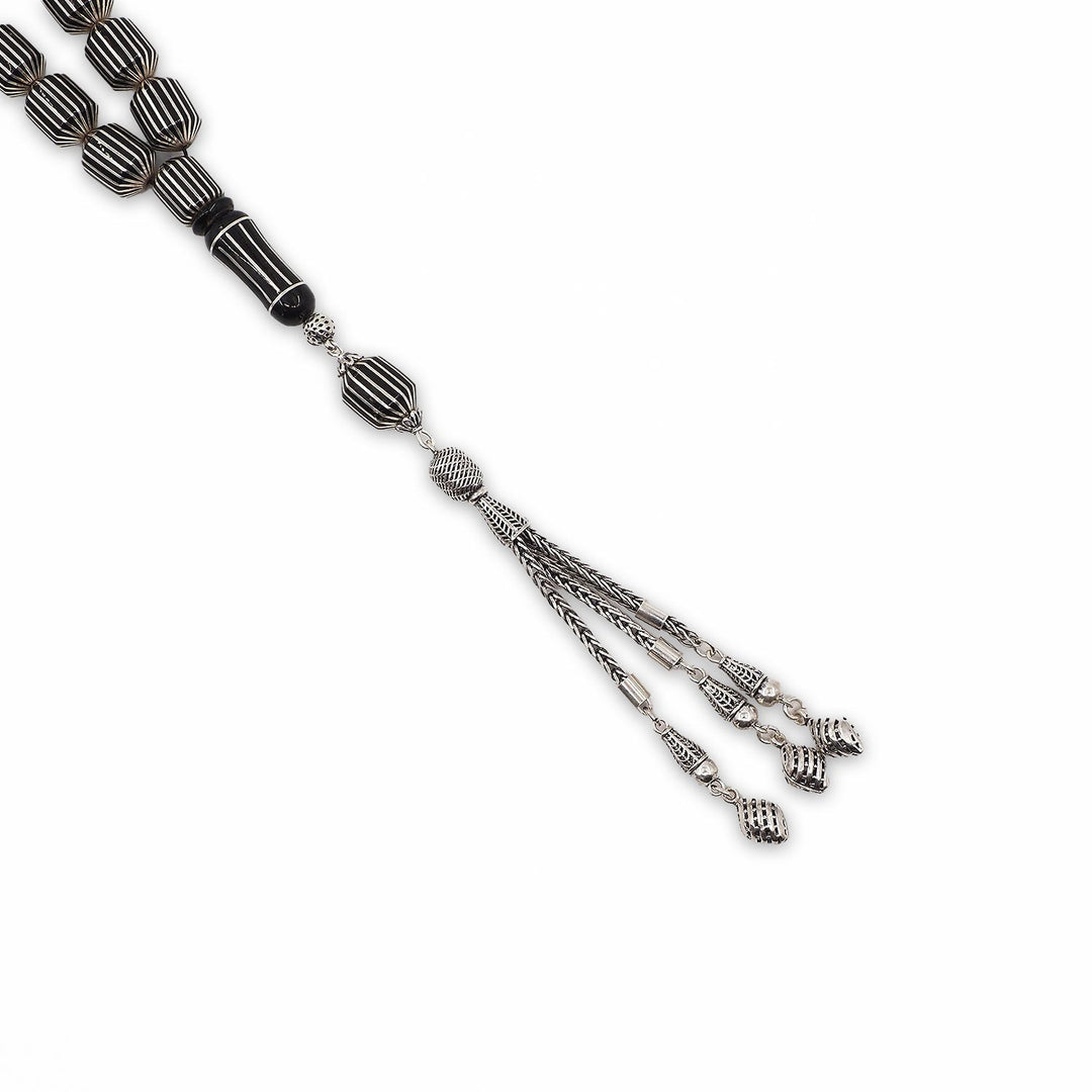 Mastercrafted Genuine Oltu Stone Tasbeeh with Silver Inlay, Silver Imam Bead &amp; Tassel - WATD1075