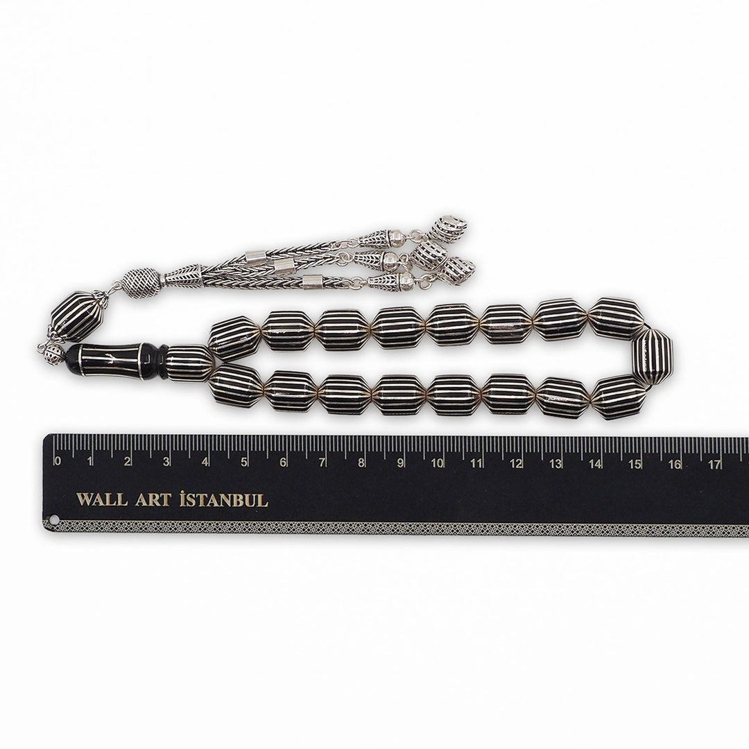 Mastercrafted Genuine Oltu Stone Tasbeeh with Silver Inlay, Silver Imam Bead &amp; Tassel - WATD1075