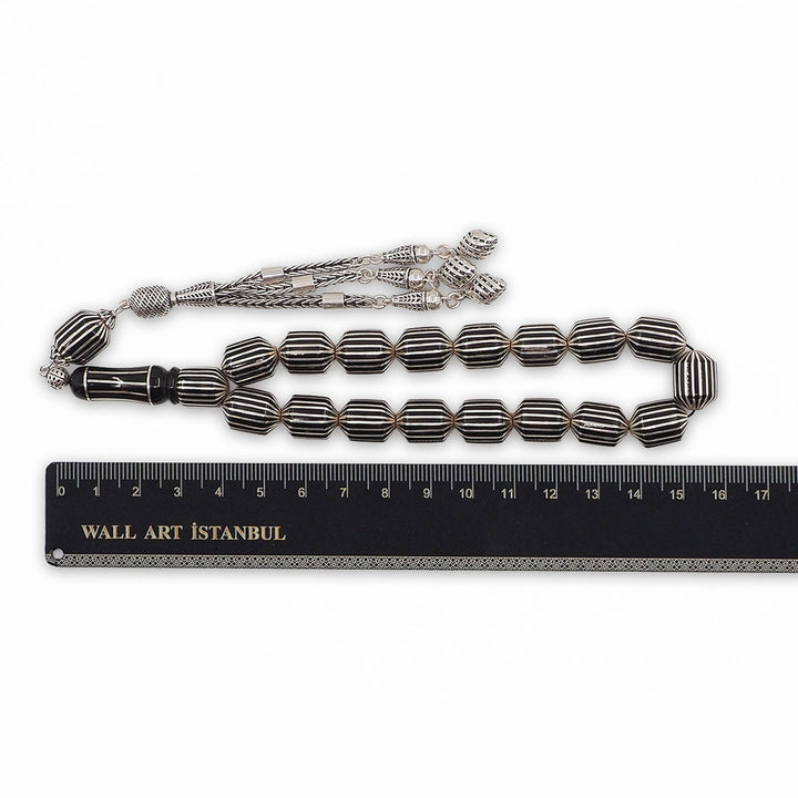 Mastercrafted Genuine Oltu Stone Tasbeeh with Silver Inlay, Silver Imam Bead &amp; Tassel - WATD1075