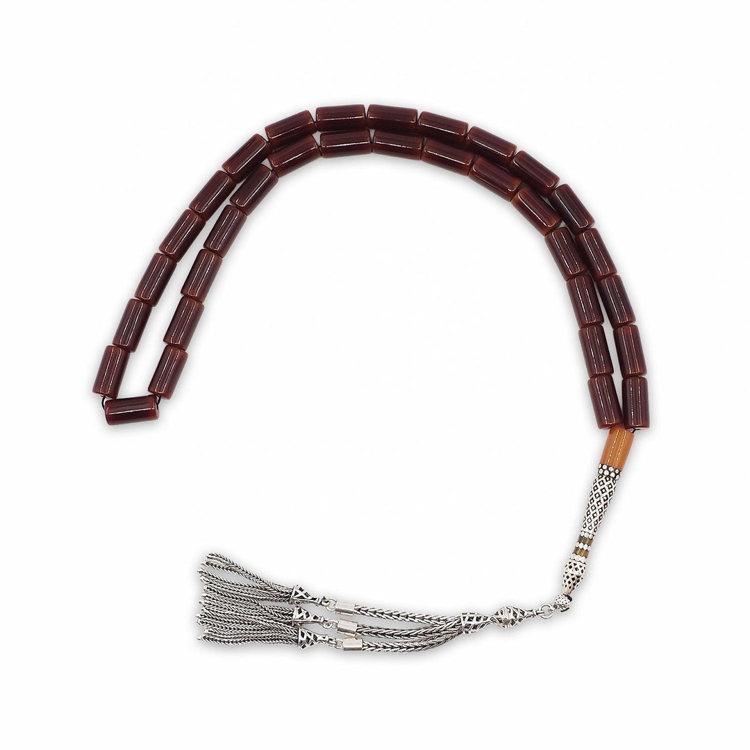 Mastercrafted Pressed Amber Tasbeeh with Fire Amber Imam Bead and Silver Details Tasbeeh - WATD1077