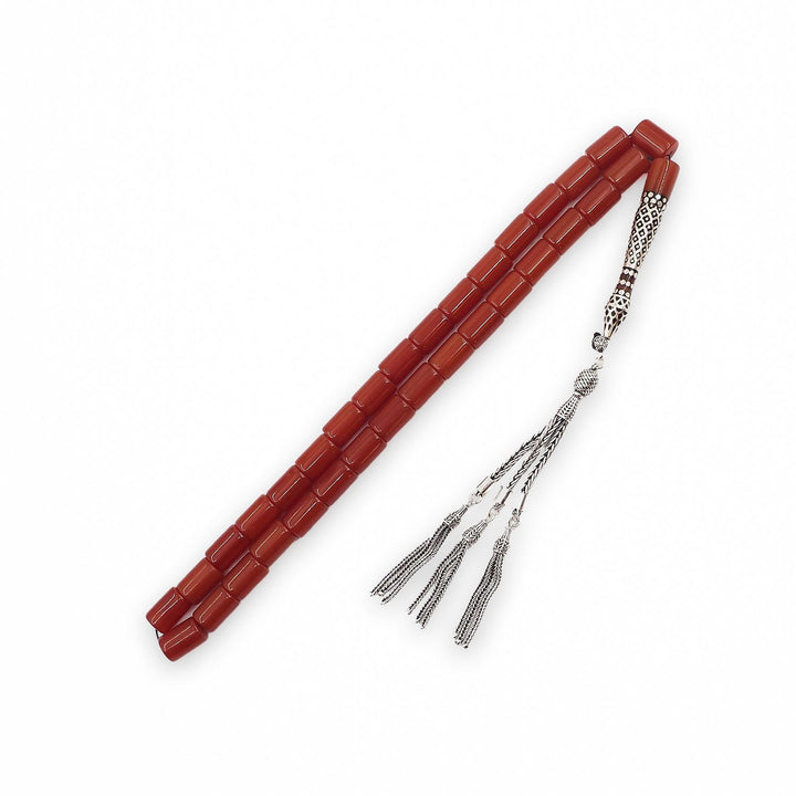 Mastercrafted Pressed Amber Tasbeeh with Fire Amber Imam Bead and Silver Details Tasbeeh - WATD1078