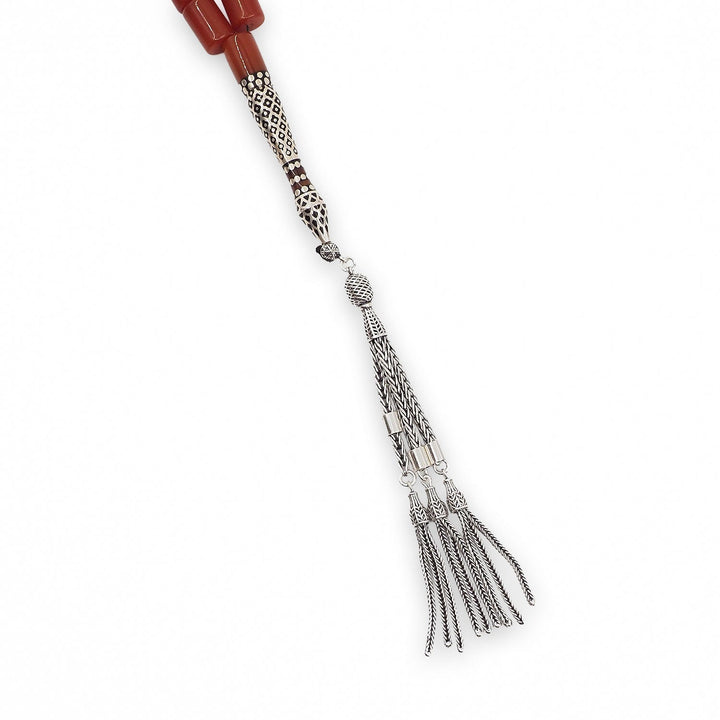 Mastercrafted Pressed Amber Tasbeeh with Fire Amber Imam Bead and Silver Details Tasbeeh - WATD1078