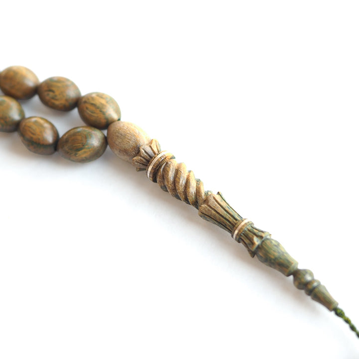 Green Rosewood Tasbeeh with Hand-Carved Imam & Hitame, Silver Wrap Workmanship, Hand-Polished – WATD231
