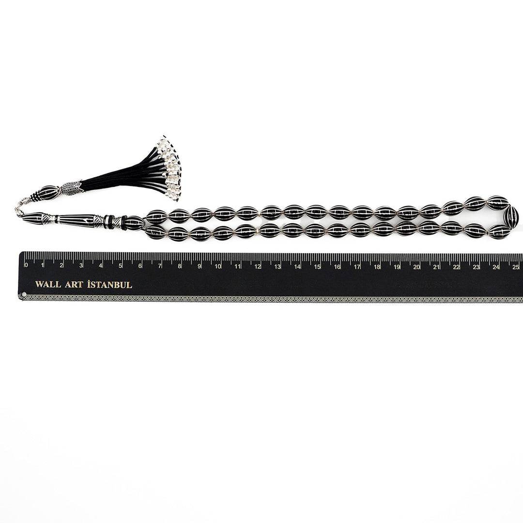 Master-Crafted Genuine Oltu Stone Tasbeeh with Oval Cut and Silver Inlay – WATD363