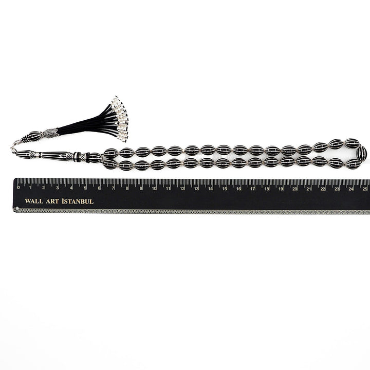 Master-Crafted Genuine Oltu Stone Tasbeeh with Oval Cut and Silver Inlay – WATD363