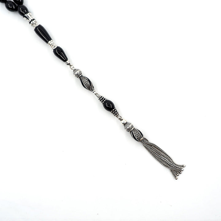 Premium Oltu Stone Tasbeeh Featuring Oval Cut Beads & Silver-Engraved Tassel – WATD402
