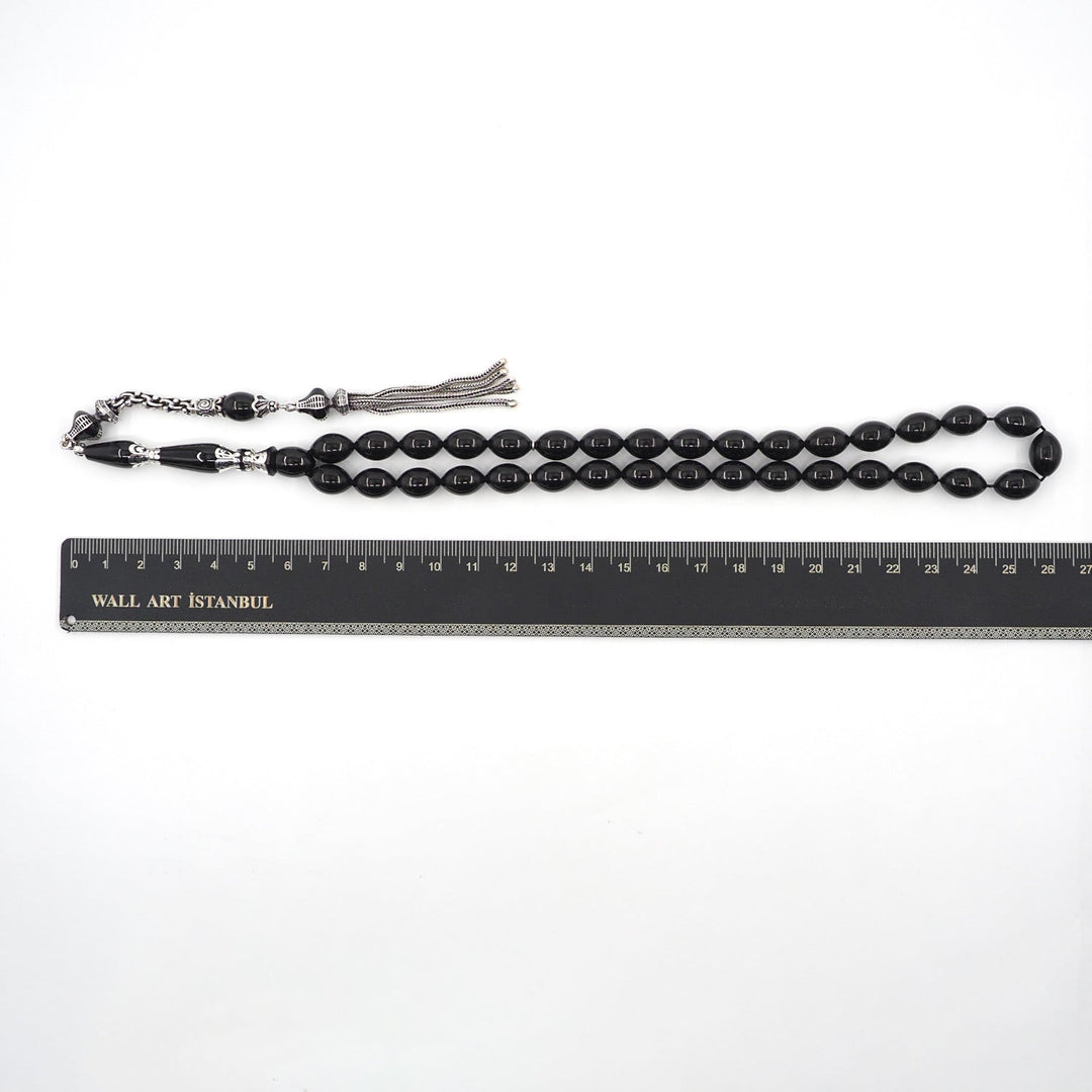 Premium Oltu Stone Tasbeeh Featuring Oval Cut Beads & Silver-Engraved Tassel – WATD407