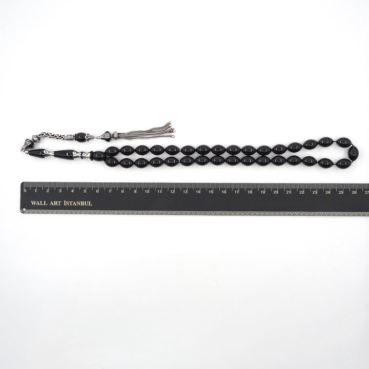 Premium Oltu Stone Tasbeeh Featuring Oval Cut Beads & Silver-Engraved Tassel – WATD407