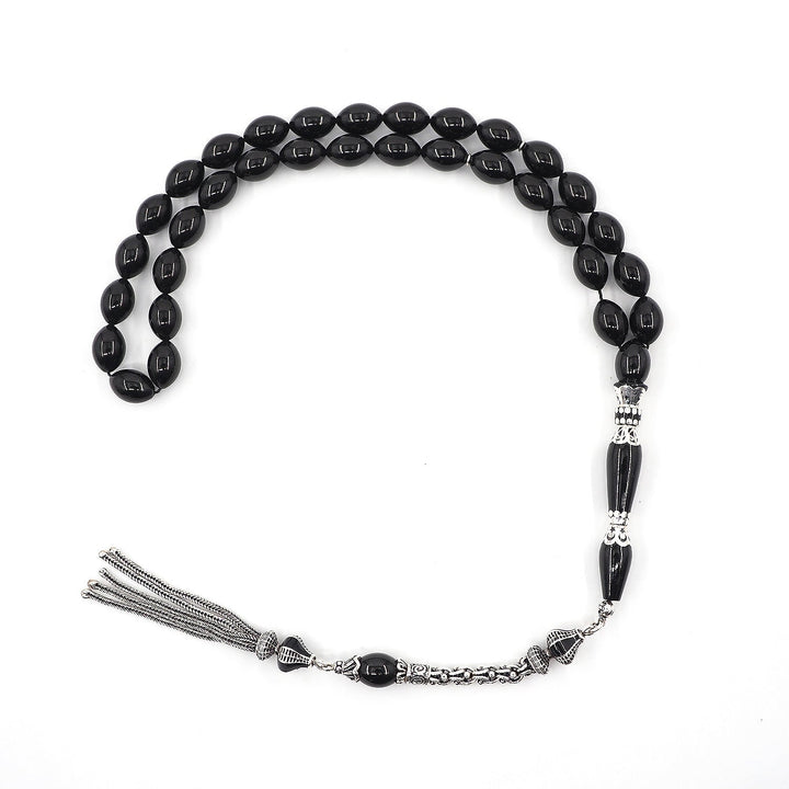 Premium Oltu Stone Tasbeeh Featuring Oval Cut Beads & Silver-Engraved Tassel – WATD407