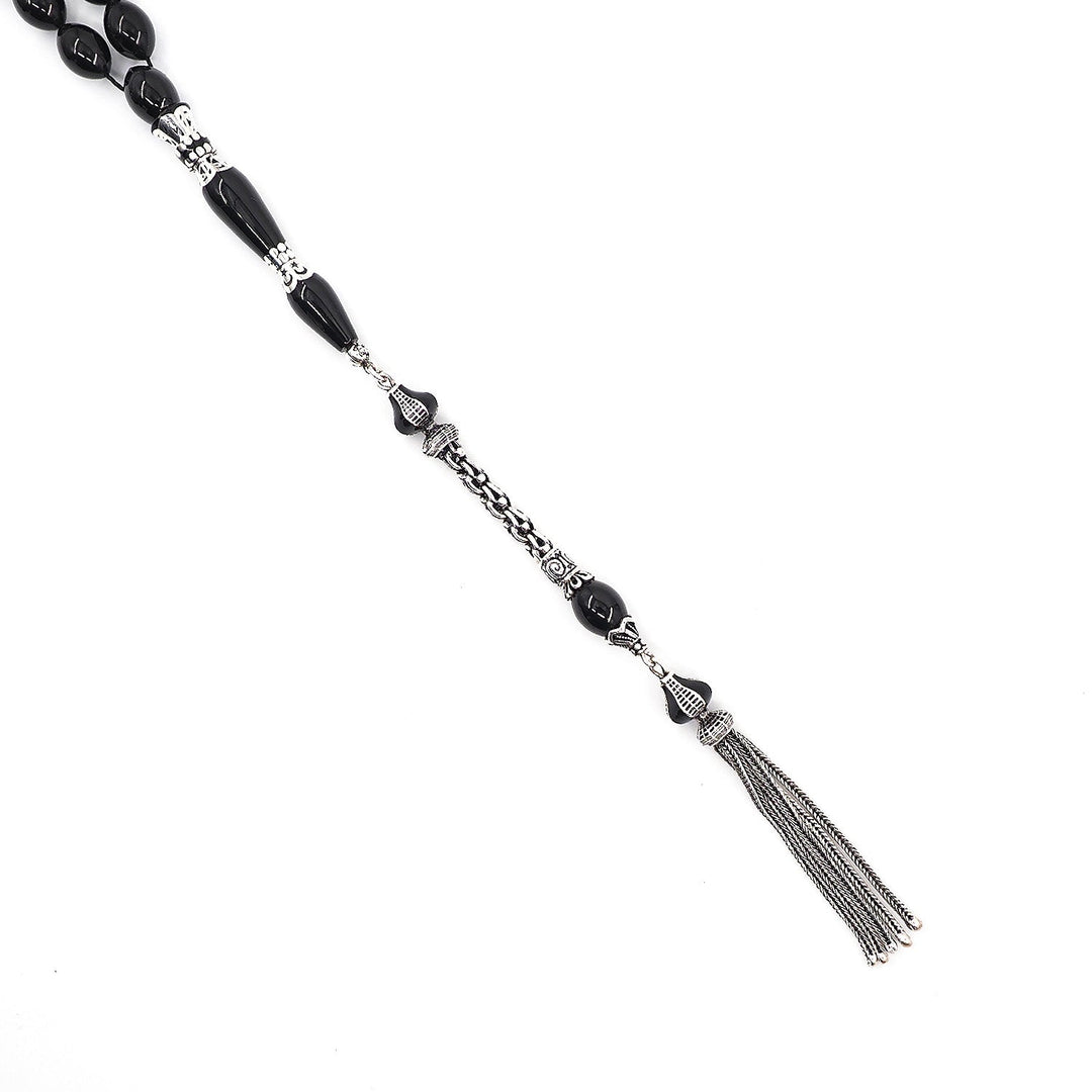 Premium Oltu Stone Tasbeeh Featuring Oval Cut Beads & Silver-Engraved Tassel – WATD407