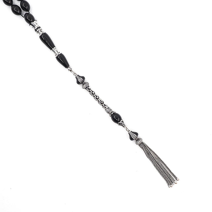 Premium Oltu Stone Tasbeeh Featuring Oval Cut Beads & Silver-Engraved Tassel – WATD407
