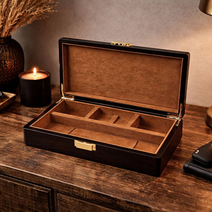 Magnificence Series Walnut Pattern Wooden Tasbeeh & Accessories Box - WATD435