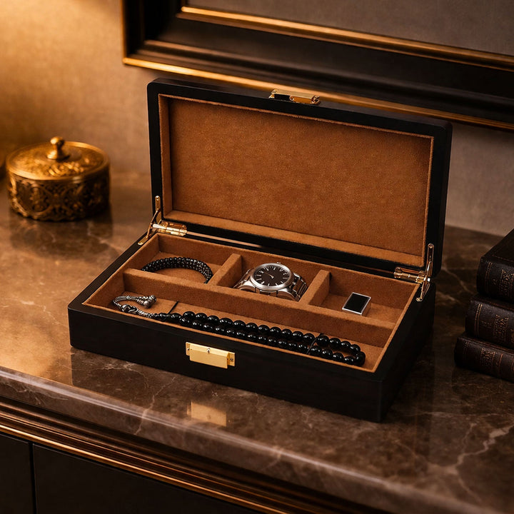 Magnificence Series Walnut Pattern Wooden Tasbeeh & Accessories Box - WATD435