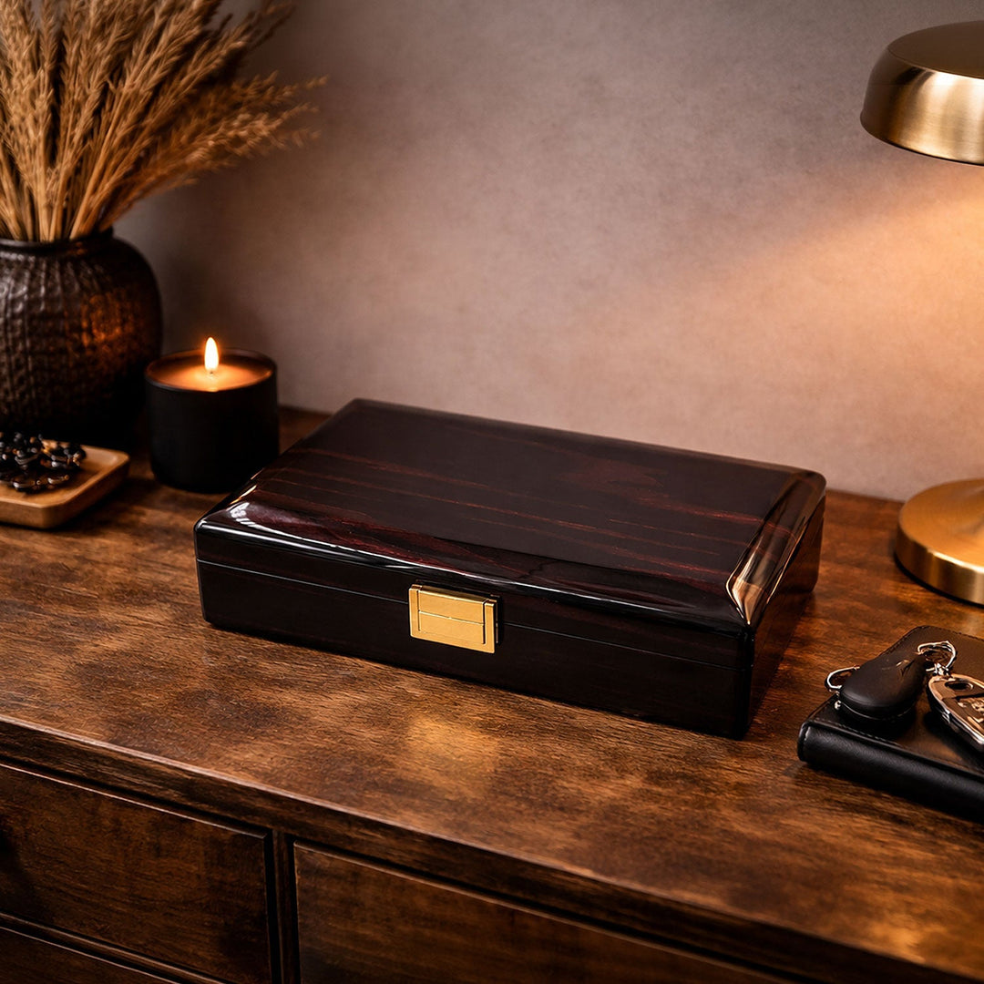 Magnificence Series Burgundy Pattern Wooden Tasbeeh & Accessories Box - WATD436