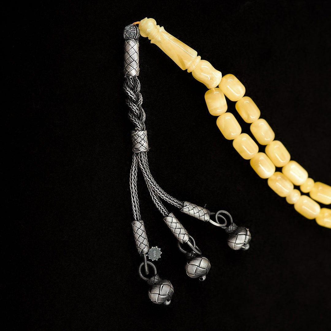 Premium Natural Baltic Amber Capsule Cut 1000 Sterling Silver Kazaz Tassel Tasbeeh - WATD477