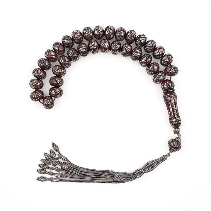 Master Crafted Silver Inlaid Wheel Cut Kuka Wood Tasbeeh (with Silver Tassel & Special Box) - WATD485