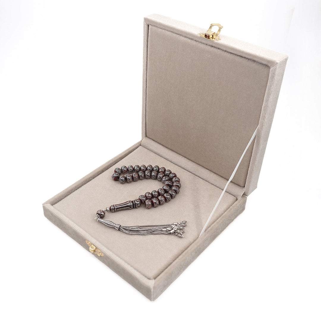 Master Crafted Silver Inlaid Wheel Cut Kuka Wood Tasbeeh (with Silver Tassel & Special Box) - WATD485