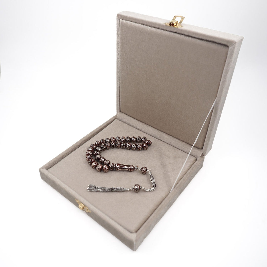 Master Crafted Silver Inlaid Wheel Cut Kuka Wood Tasbeeh (with Silver Tassel & Special Box) - WATD486