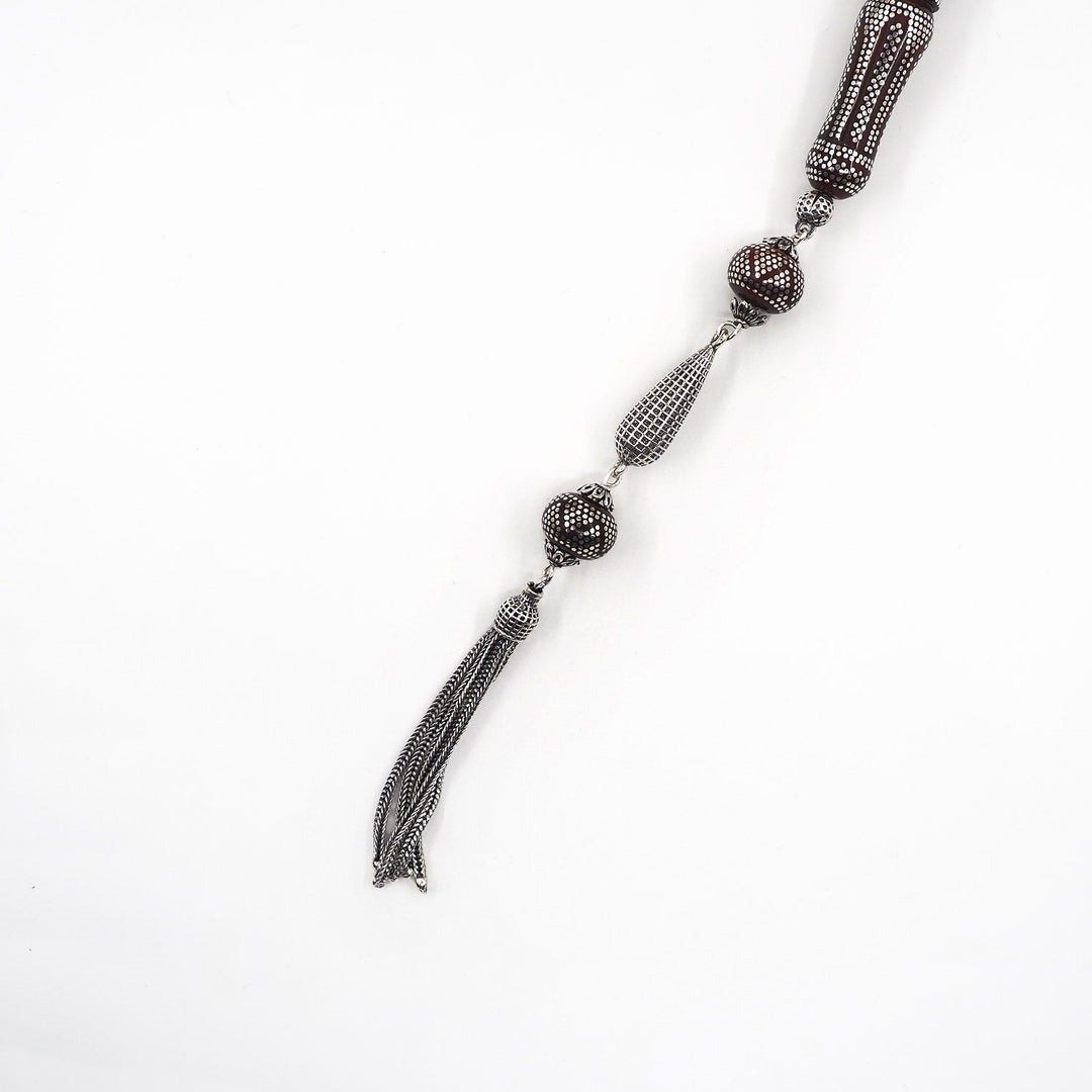 Master Crafted Silver Inlaid Wheel Cut Kuka Wood Tasbeeh (with Silver Tassel & Special Box) - WATD487