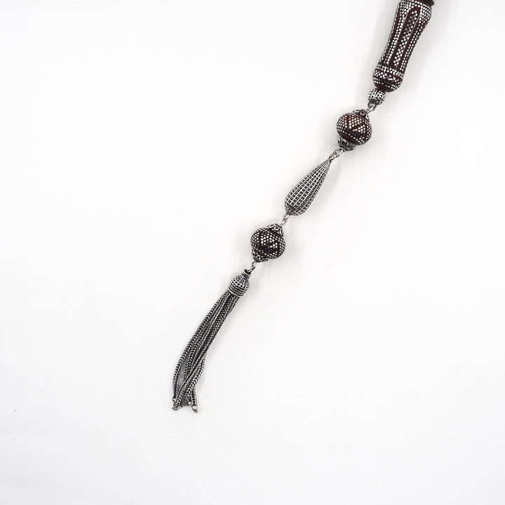 Master Crafted Silver Inlaid Wheel Cut Kuka Wood Tasbeeh (with Silver Tassel & Special Box) - WATD487