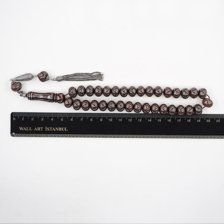 Master Crafted Silver Inlaid Wheel Cut Kuka Wood Tasbeeh (with Silver Tassel & Special Box) - WATD487