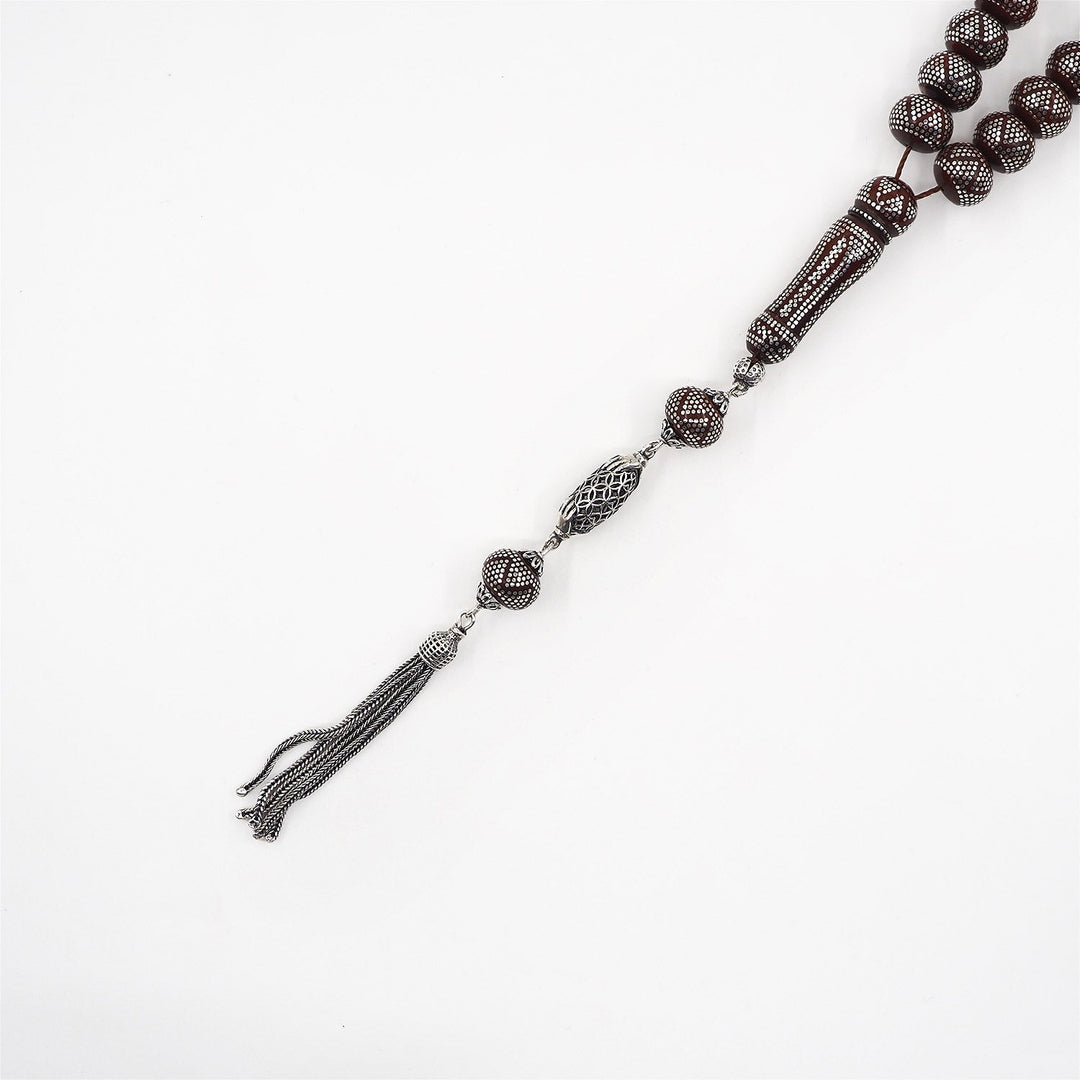 Master Crafted Silver Inlaid Wheel Cut Kuka Wood Tasbeeh (with Silver Tassel & Special Box) - WATD488