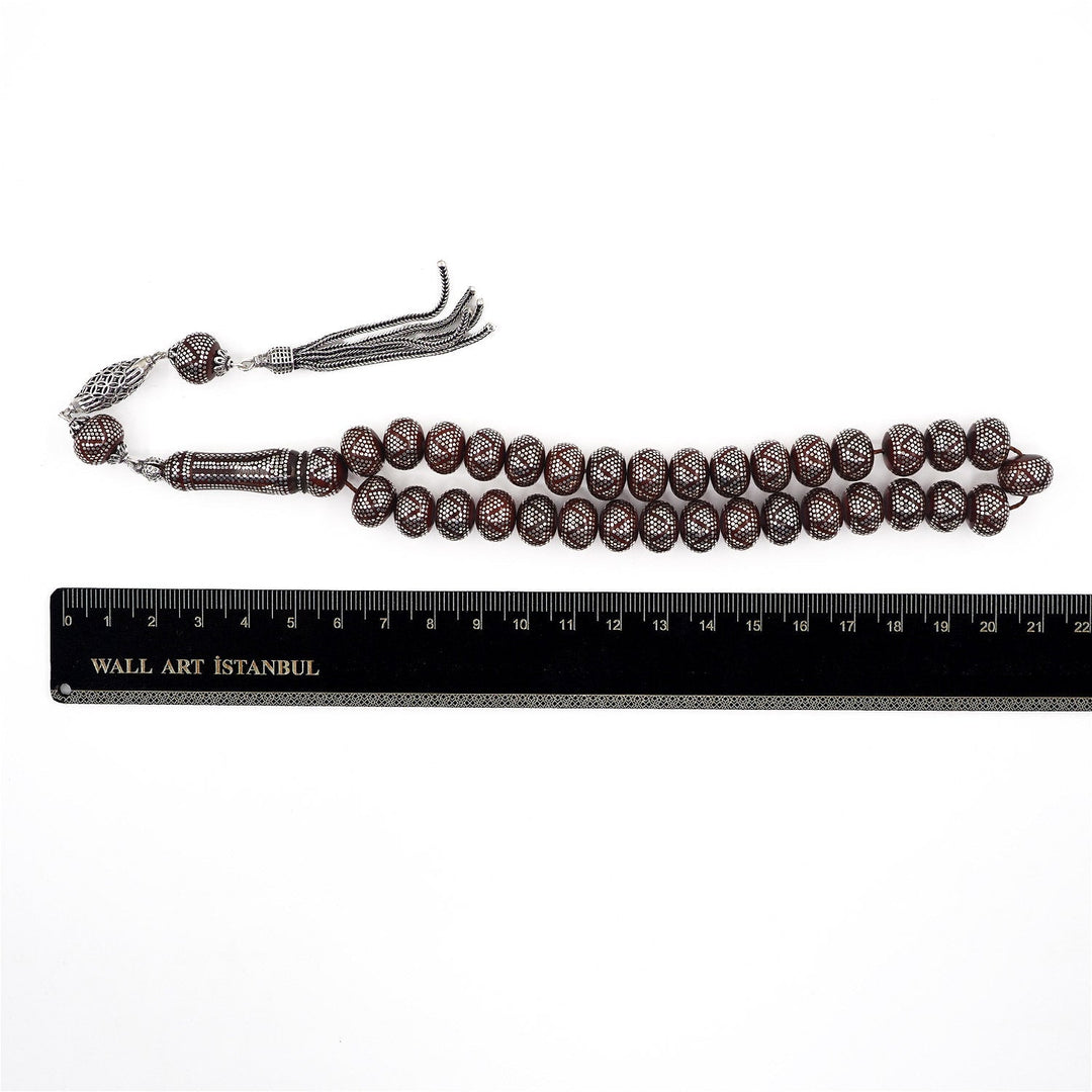Master Crafted Silver Inlaid Wheel Cut Kuka Wood Tasbeeh (with Silver Tassel & Special Box) - WATD488