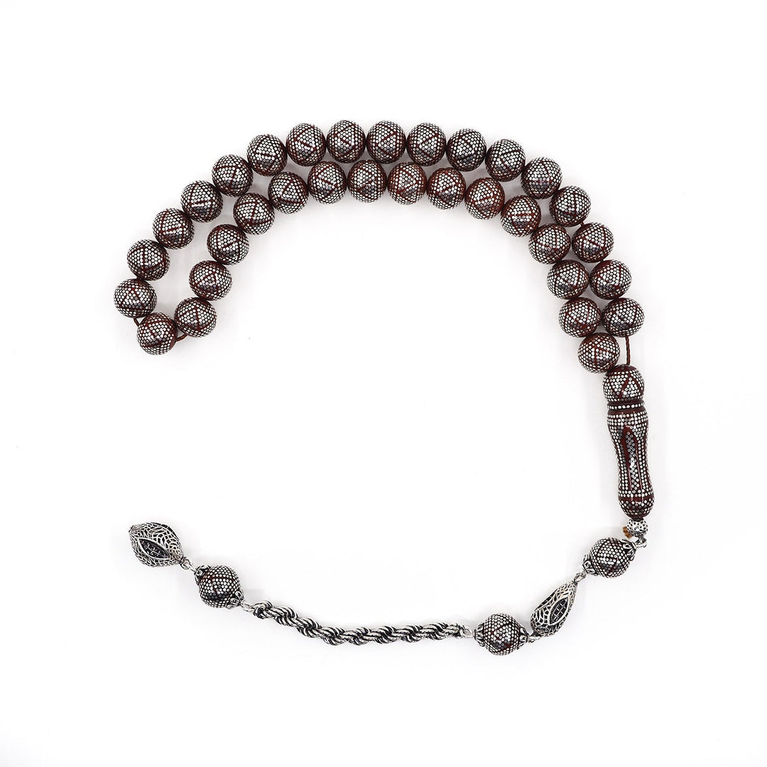 Master Crafted Silver Inlaid Round Cut Kuka Wood Tasbeeh (with Silver Tassel & Special Box) - WATD490