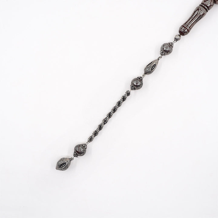 Master Crafted Silver Inlaid Round Cut Kuka Wood Tasbeeh (with Silver Tassel & Special Box) - WATD490
