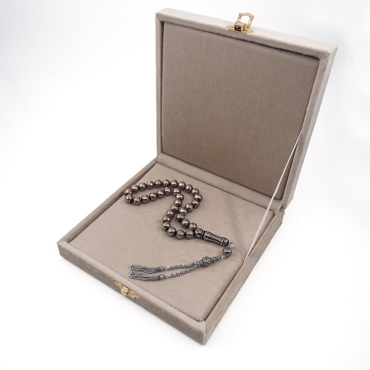 Master Crafted Silver Inlaid Round Cut Kuka Wood Tasbeeh (with Silver Tassel & Special Box) - WATD492
