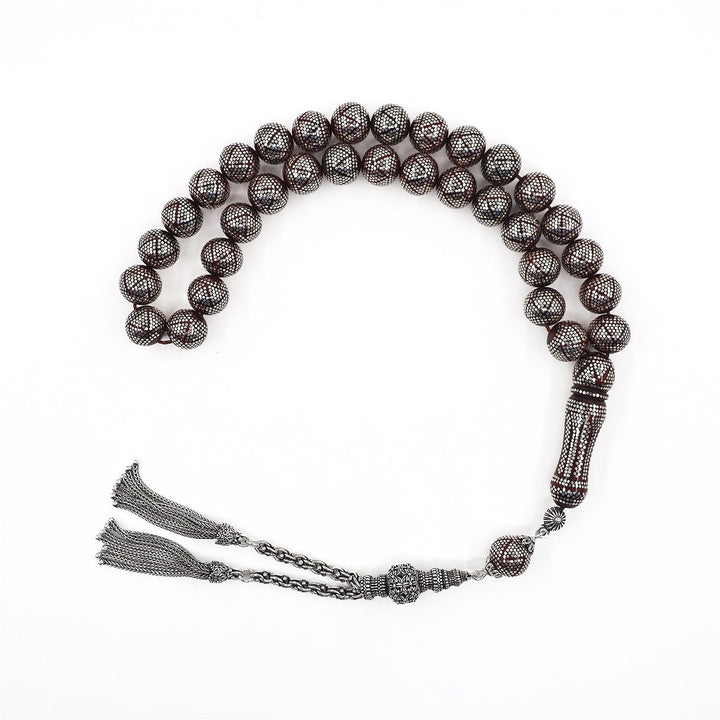 Master Crafted Silver Inlaid Round Cut Kuka Wood Tasbeeh (with Silver Tassel & Special Box) - WATD492