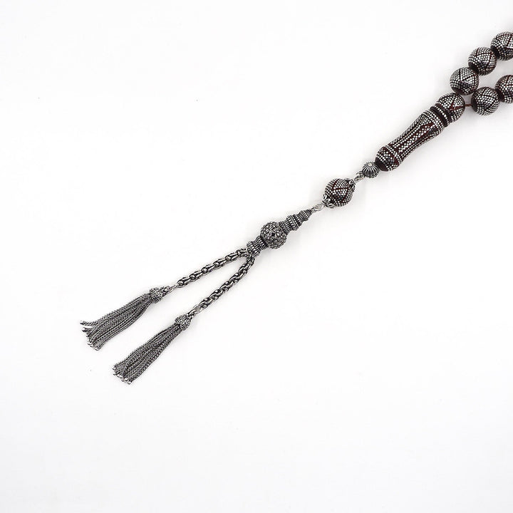 Master Crafted Silver Inlaid Round Cut Kuka Wood Tasbeeh (with Silver Tassel & Special Box) - WATD492