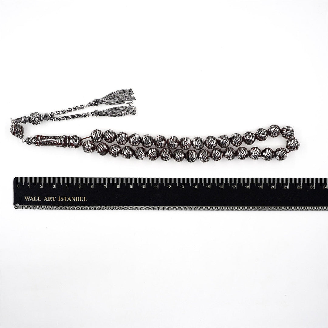 Master Crafted Silver Inlaid Round Cut Kuka Wood Tasbeeh (with Silver Tassel & Special Box) - WATD492